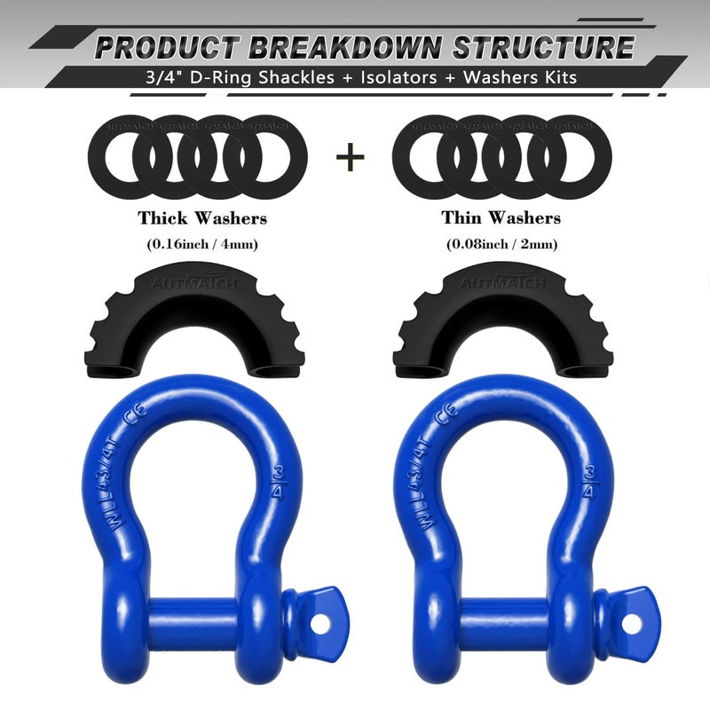 AUTMATCH D Ring Shackle 3/4"" Shackles (2 Pack) 41,887Ibs Break Strength - Clevis Shackle with 7/8"" Screw Pin and Shackle Isolator Washers Kit for Tow Strap Winch Off Road Vehicle Recovery, Blue - Image 2